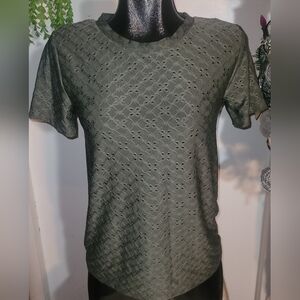 Jaqueline De Yong Olive Green Eyelet Short Sleeve Top S